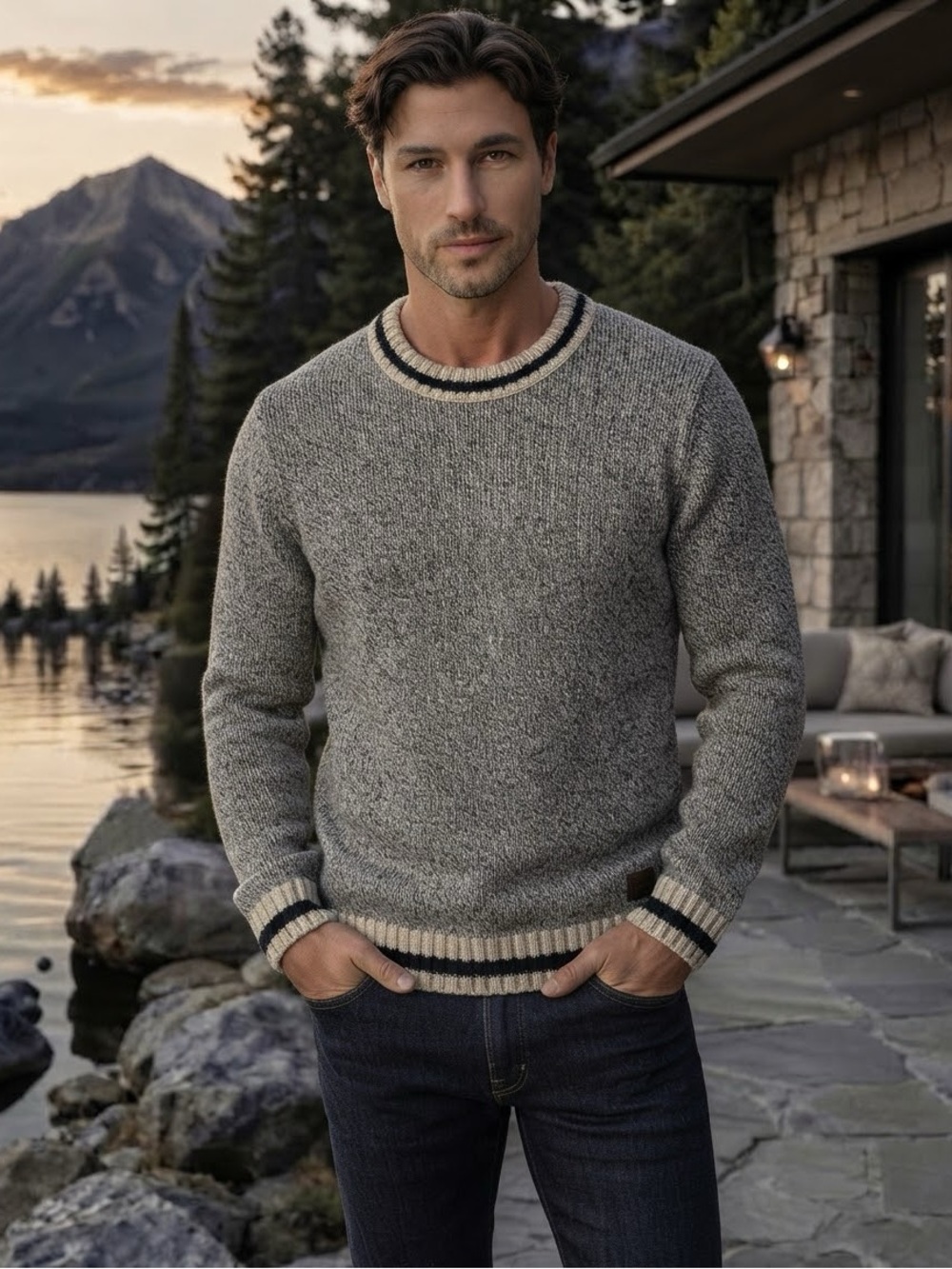 Roots Canada Wool Blend Crewneck Sweater Men's Gray Cabincore Cottagecore